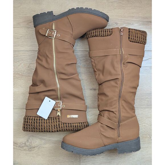 NEW Cherokee Womens Tall Boots 8 Brown Slouchy Knit Cuff Zip Buckle Lug Sole - Picture 9 of 12